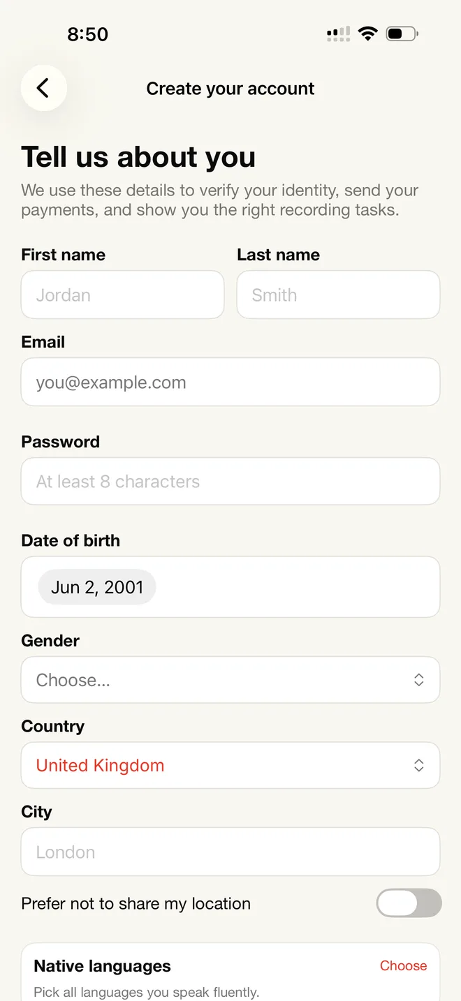 The Earn With Aloe sign-up screen, asking for name, email, date of birth and country.