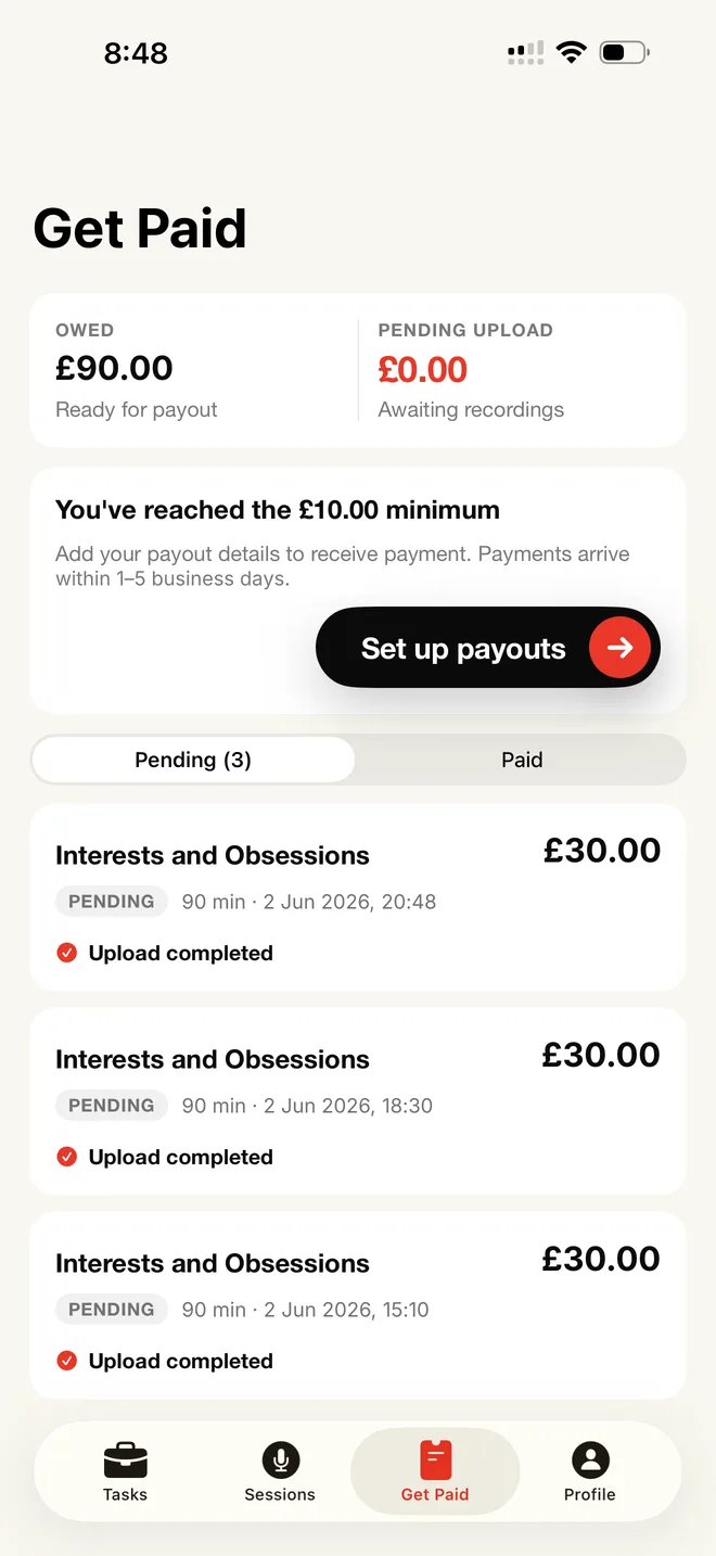 The Get Paid screen showing an amount owed, ready for payout.